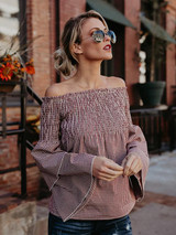 Plaid Off-the-shoulder Puff Sleeves Blouses&Shirts Top