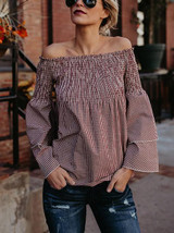 Plaid Off-the-shoulder Puff Sleeves Blouses&Shirts Top