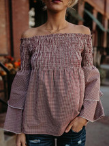 Plaid Off-the-shoulder Puff Sleeves Blouses&Shirts Top