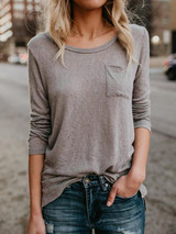 Solid Color Pocket Blouses&Shirts Top