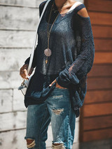 Holes Solid Color Round-neck Knitting Sweater Tops