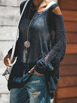 Holes Solid Color Round-neck Knitting Sweater Tops