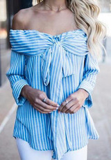 Blue Striped Bow Bandeau Off-Shoulder Long Sleeve Blouse
