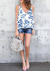 White Leaf Print Draped Spaghetti Strap V-neck Bohemian Going out Blouse