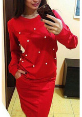 Red Pearl Round Neck Long Sleeve Slim Fashion Sweatshirt