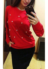Red Pearl Round Neck Long Sleeve Slim Fashion Sweatshirt