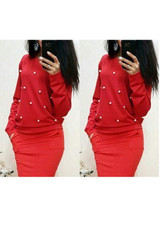 Red Pearl Round Neck Long Sleeve Slim Fashion Sweatshirt