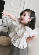 White Cut Out Ruffle Round Neck Short Sleeve Children's Blouse