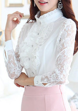White Patchwork Lace Ruffle Buttons Band Collar Long Sleeve Office Worker Blouse