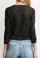Black Striped Grenadine Patchwork Round Neck See-through Casual Crop T-Shirt