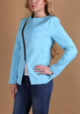 Blue Plain Zipper Irregular Long Sleeve Lapelless Blazer