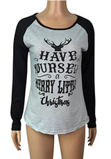 Grey Black Monogram Print Round Neck Long Sleeve T-Shirt