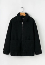 Black Pockets Fur Lamb Wool Turndown Zipper Collar Long Sleeve Fashion Cardigan Coat