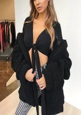 Black Pockets Fur Lamb Wool Turndown Zipper Collar Long Sleeve Fashion Cardigan Coat