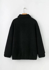 Black Pockets Fur Lamb Wool Turndown Zipper Collar Long Sleeve Fashion Cardigan Coat