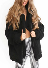 Black Pockets Fur Lamb Wool Turndown Zipper Collar Long Sleeve Fashion Cardigan Coat