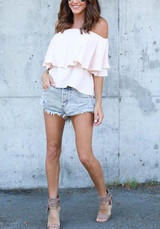 Beige Ruffle Off Shoulder Boat Neck Short Sleeve Blouse