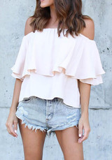 Beige Ruffle Off Shoulder Boat Neck Short Sleeve Blouse