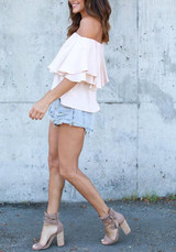 Beige Ruffle Off Shoulder Boat Neck Short Sleeve Blouse