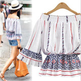 White Floral Print Peplum Boat Neck Off Shoulder Cotton Cute Blouse