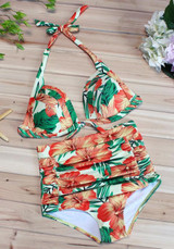 Orange Flowers 2-in-1 Tie Back Halter Neck High Waisted Swimwear