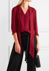 Red Belt Round Neck Long Sleeve Elegant Blouse