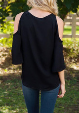 Black Hollow-out Lace-Up Cut Out Off-Shoulder 3/4 Sleeve Blouse