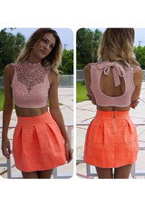 Pink Patchwork Crop Cut Out Hollow-out Lace Tie Back Vest