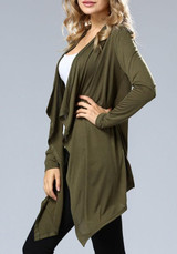 Army Green Irregular Plunging Neckline Long Sleeve Coat