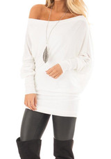 White Irregular Off Shoulder Round Neck Long Sleeve T-Shirt