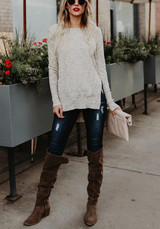 Beige High-Low Irregular Round Neck Fashion Pullover Sweater