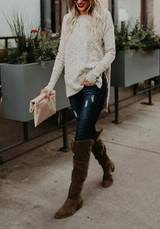 Beige High-Low Irregular Round Neck Fashion Pullover Sweater
