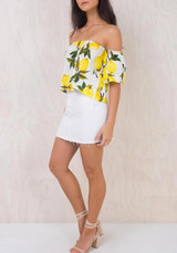 White Floral Print Irregular Boat Neck Short Sleeve Sweet T-Shirt