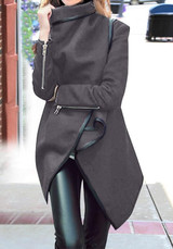 Grey Patchwork Irregular Turndown Collar Long Sleeve Casual Coat