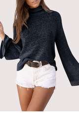 Black Cut Out Tie Back Backless High Neck Pullover Sweater