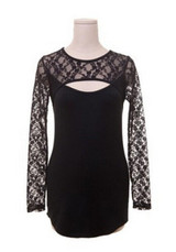 Black Patchwork Hollow-out Lace Cut Out Round Neck Slim T-Shirt