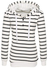 White Striped Drawstring Buttons Long Sleeve Hooded Sweatshirt