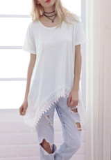 White Patchwork Lace Irregular Round Neck Short Sleeve Oversized Casual T-Shirt White Patchwork Lace Irregular Round Neck Short Sleeve Oversized Casual T-Shirt