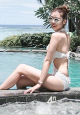 White Feather Lace Tie Back Backless One Piece Halter Neck Swimwear