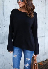 Black Plain Round Neck Long Sleeve Fashion T-Shirt