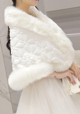 White Patchwork Faux Wool Pearl Elbow Sleeve Coat
