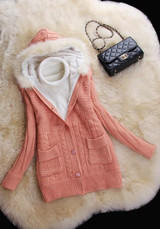 Pink Patchwork Single Breasted Pockets Long Sleeve High Neck Hooded Cardigan Sweater Coat