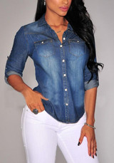 Dark Blue Single Breasted Turndown Collar Long Sleeve Vintage Blouse