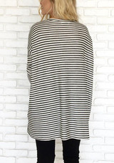 Black White Striped Print Round Neck Dolman Sleeve T-Shirt