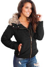 Black Patchwork Pockets Zipper Fur Turndown Collar Long Sleeve Parka Coat