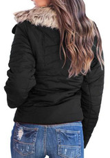 Black Patchwork Pockets Zipper Fur Turndown Collar Long Sleeve Parka Coat