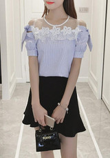 Blue Striped Lace Grenadine Bow Round Neck Sweet Blouse