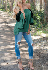 Green Patchwork Lace Pleated Plus Size Off Shoulder Flare Sleeve Cute Blouse