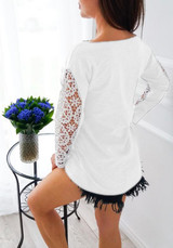 White Patchwork Lace Round Neck Long Sleeve Casual Blouse