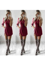 Red Plain Single Breasted Long Sleeve Casual Blouse